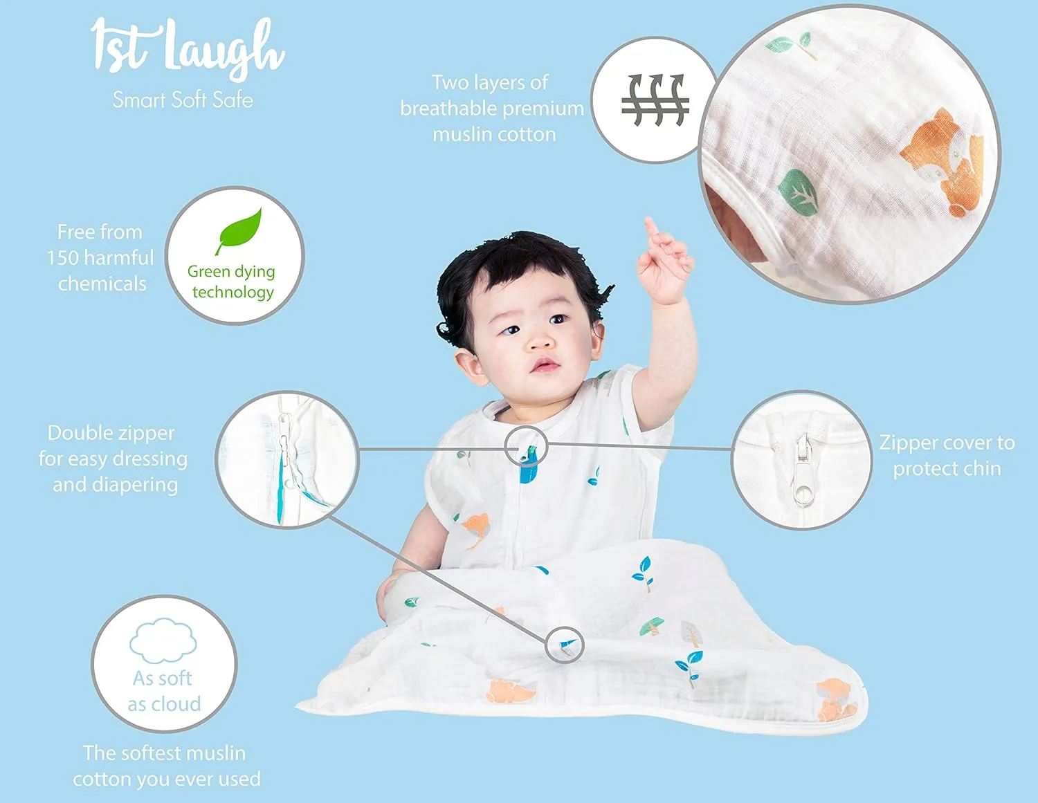 100% Cotton Muslin Baby Sleeping Sack Bag, for Boy and Girl (Deer, Medium)