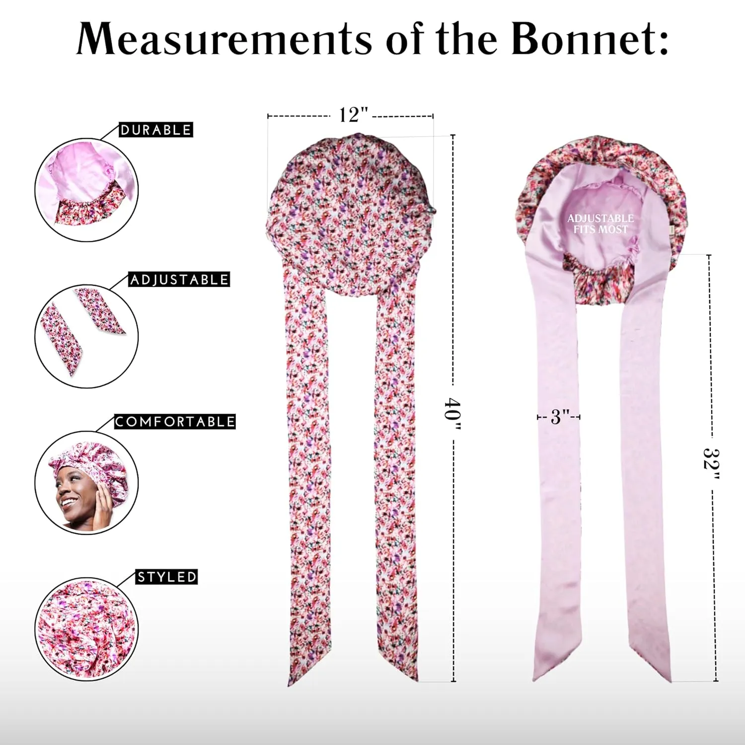 100% Mulberry Silk Bonnet for Sleeping with Ties – Adjustable 19 Momme Double-Layer Reversible Hair Wrap – Stay-On Sleep Bonnet for Women, Long Curly Hair, Natural Hair Care, Real Silk Night Cap – Handmade in USA (Floral)