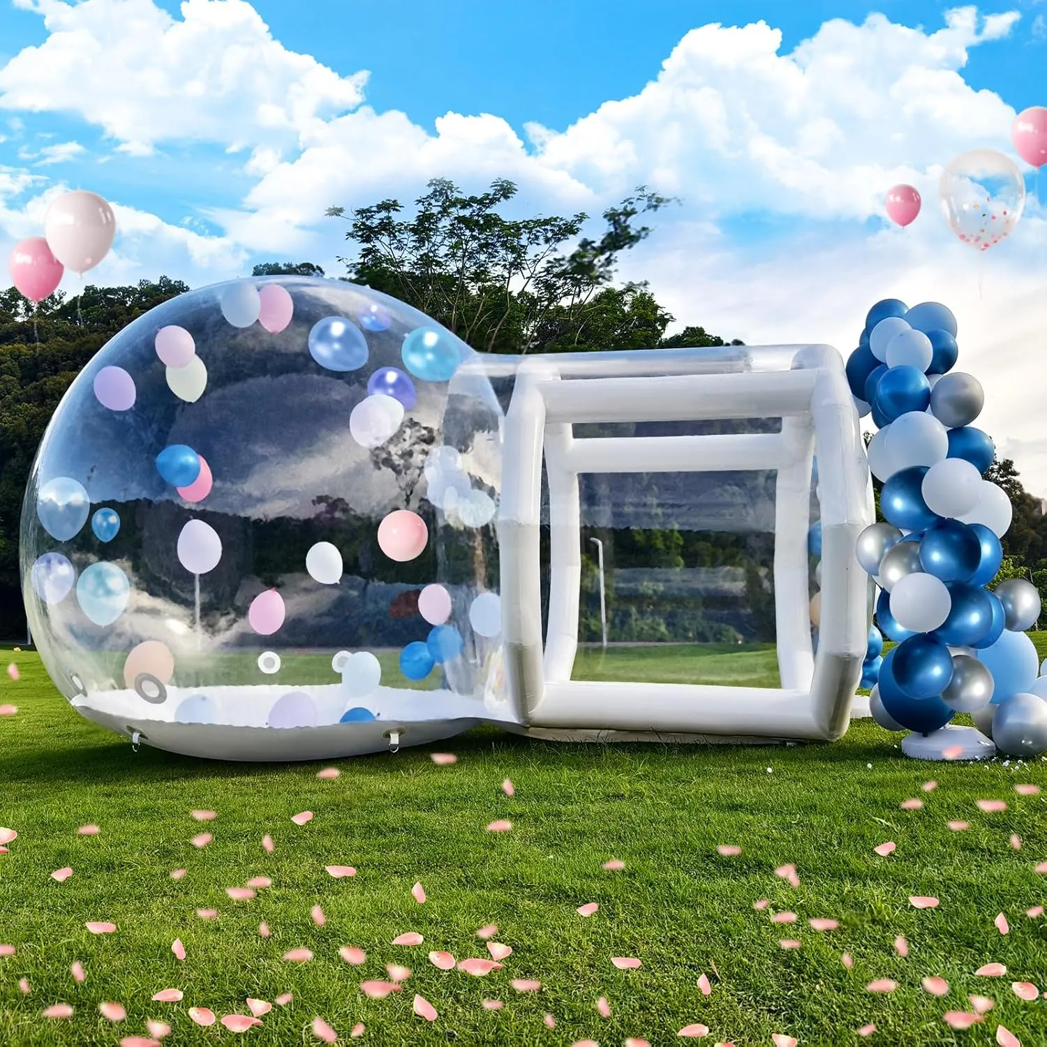 10FT Inflatable Bubble House Dome, Clear PVC Bubble Balloon House Ten with Tunnel, Air Blower, 600W Air Pump Transparent Bubble House Dome Inflatable for Party, Yard Decoration