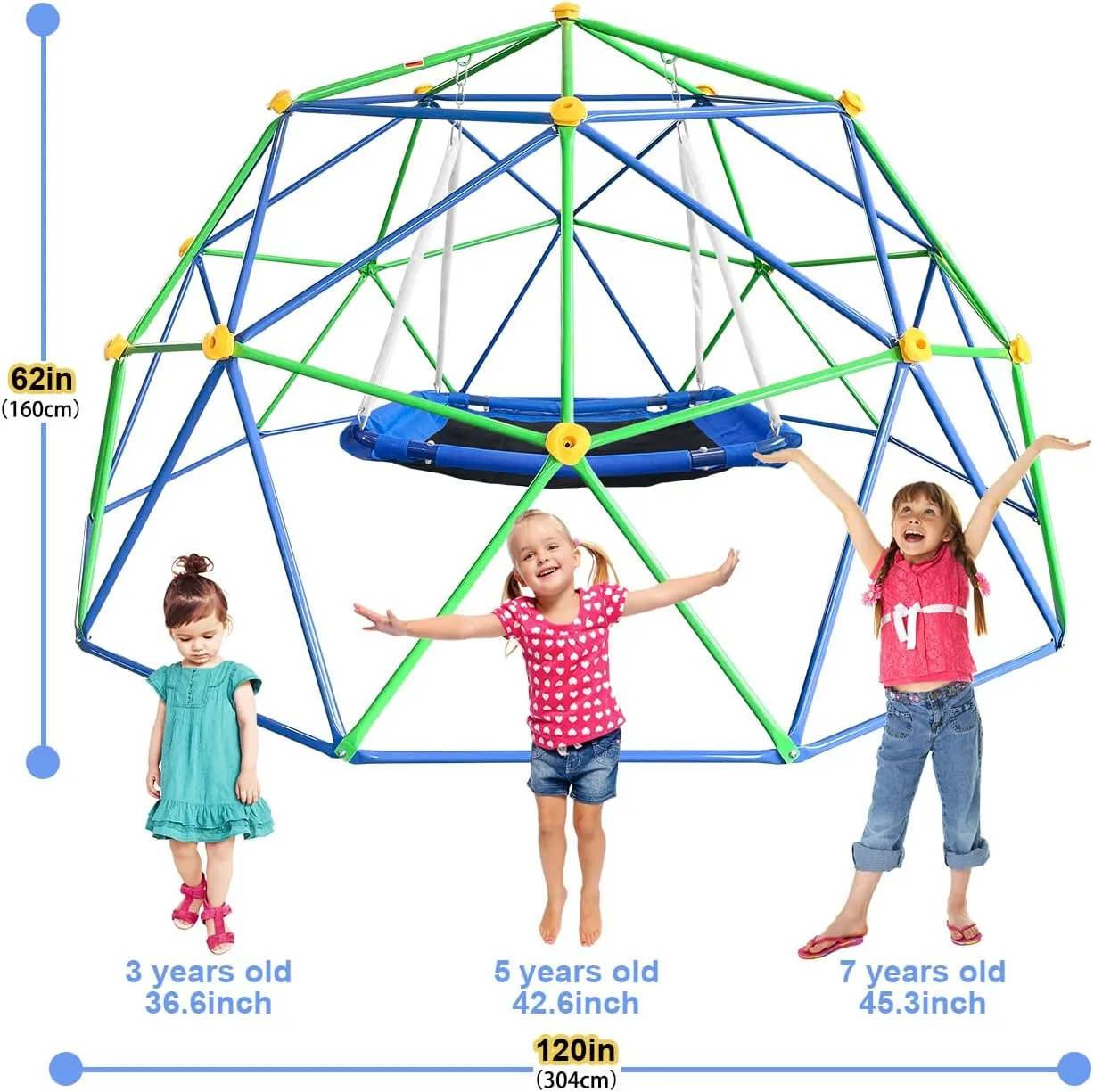 10FT Kids Climbing Dome, Geo Jungle Gym for Backyard Play, Supports 800LBS, Rust & UV Resistant Frame, Outdoor Play Equipment for Ages 3-8, Easy Assembly & Platform Swing Included (Blue Green)