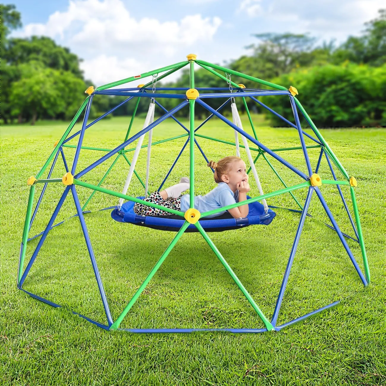 10FT Kids Climbing Dome, Geo Jungle Gym for Backyard Play, Supports 800LBS, Rust & UV Resistant Frame, Outdoor Play Equipment for Ages 3-8, Easy Assembly & Platform Swing Included (Blue Green)