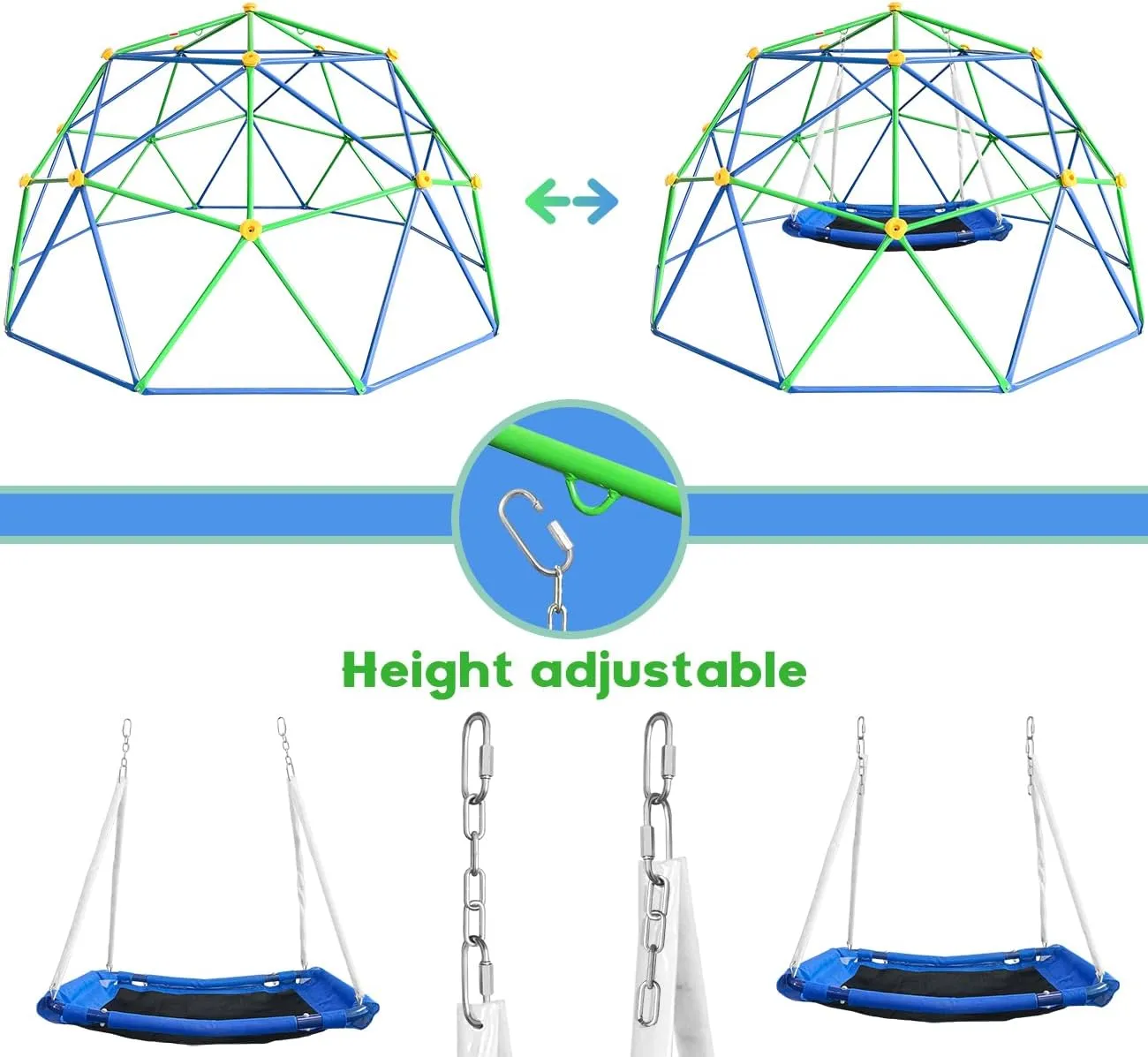 10FT Kids Climbing Dome, Geo Jungle Gym for Backyard Play, Supports 800LBS, Rust & UV Resistant Frame, Outdoor Play Equipment for Ages 3-8, Easy Assembly & Platform Swing Included (Blue Green)