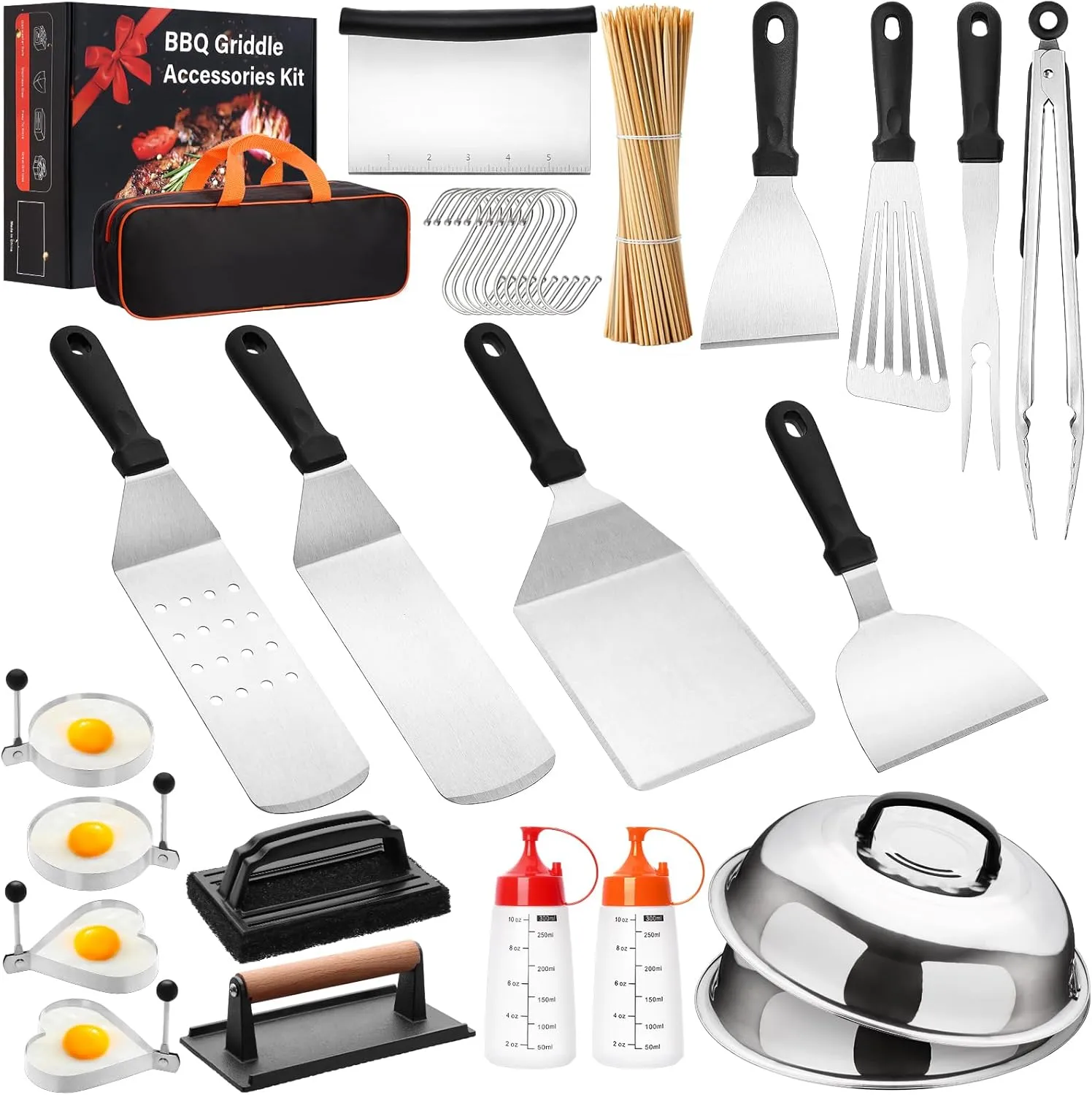 130Pcs Griddle Accessories Kit, Flat Top Grill Tools Set for Blackstone and Camp Chef, Commercial Grade Grill Spatula Set with Enlarged Spatulas, Burger Press, Basting Cover for Outdoor BBQ