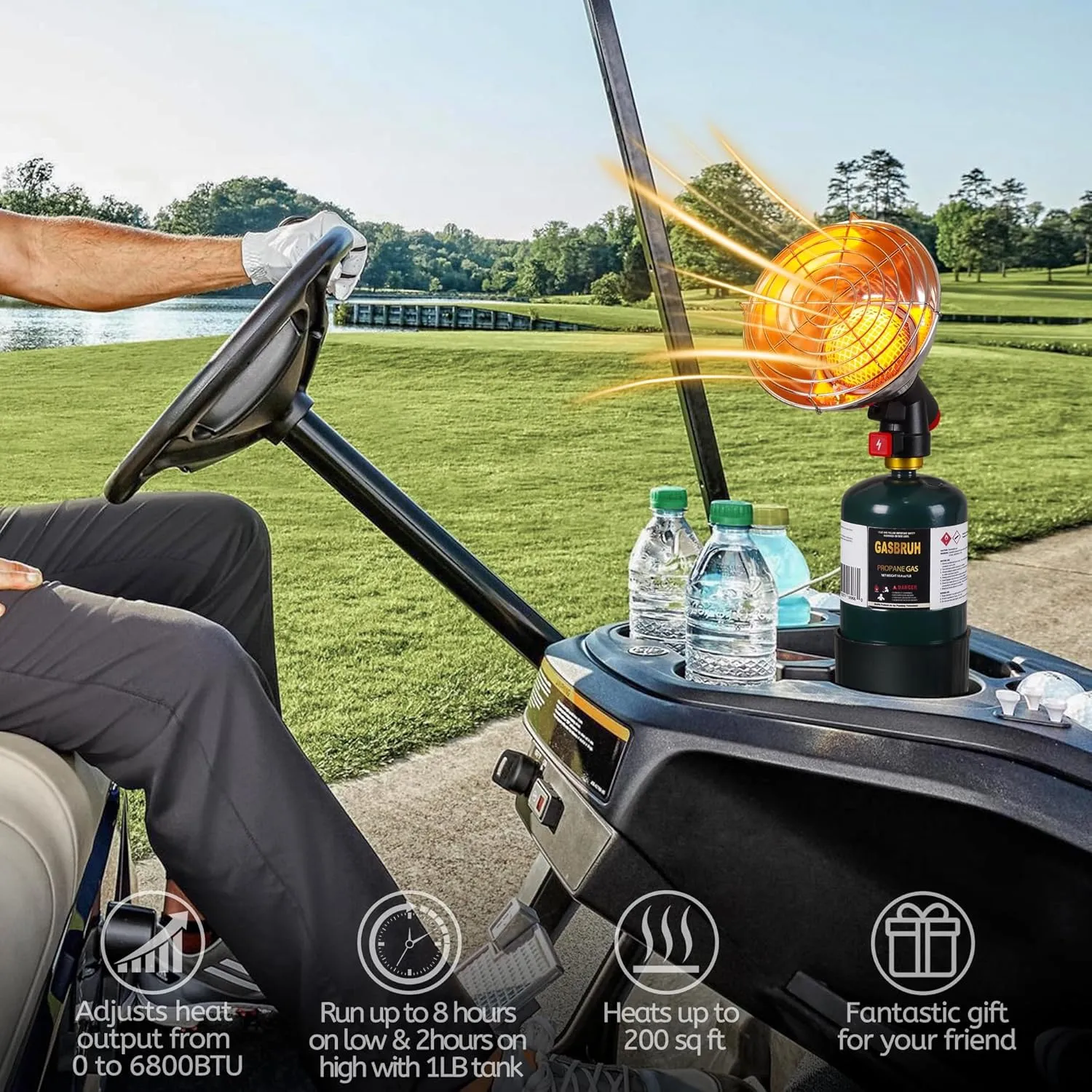 2-IN-1 Portable Propane Camping Heater with Cup Holderr & Cylinder Base- Control Valve,Outdoor Golf Cart Heater 6800BTU for Most Golf Cart Yamaha and Club Car (Tank Not Included)