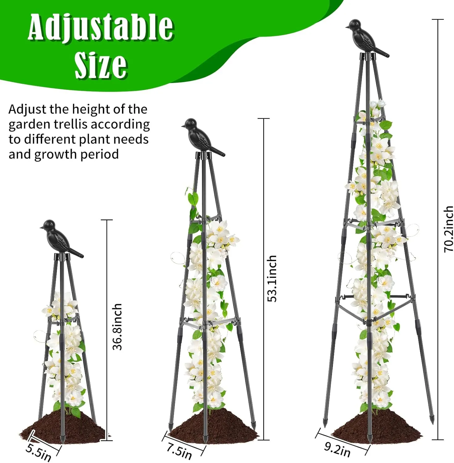 2 Pack Garden Trellis for Climbing Plants, 70.2 Inch Rustproof Metal Obelisk Trellis for Outdoor Indoor, Adjustable Heights Plants Support for Potted Vines Cucumber Rose Clematis Jasmine