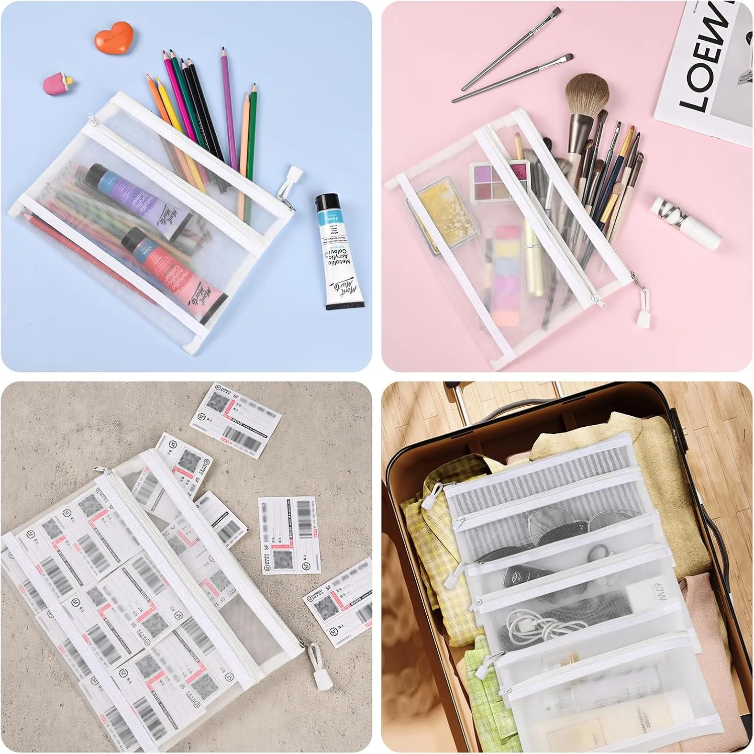 20 PCS Mesh Makeup Bag Double-Layer Mesh Zipper Pouch Bags Clear Cosmetic Bag Nylon Travel Organizer Bags Toiletry Storage Bag Pencil Pouch with Zipper (White, Double-Layers A5)