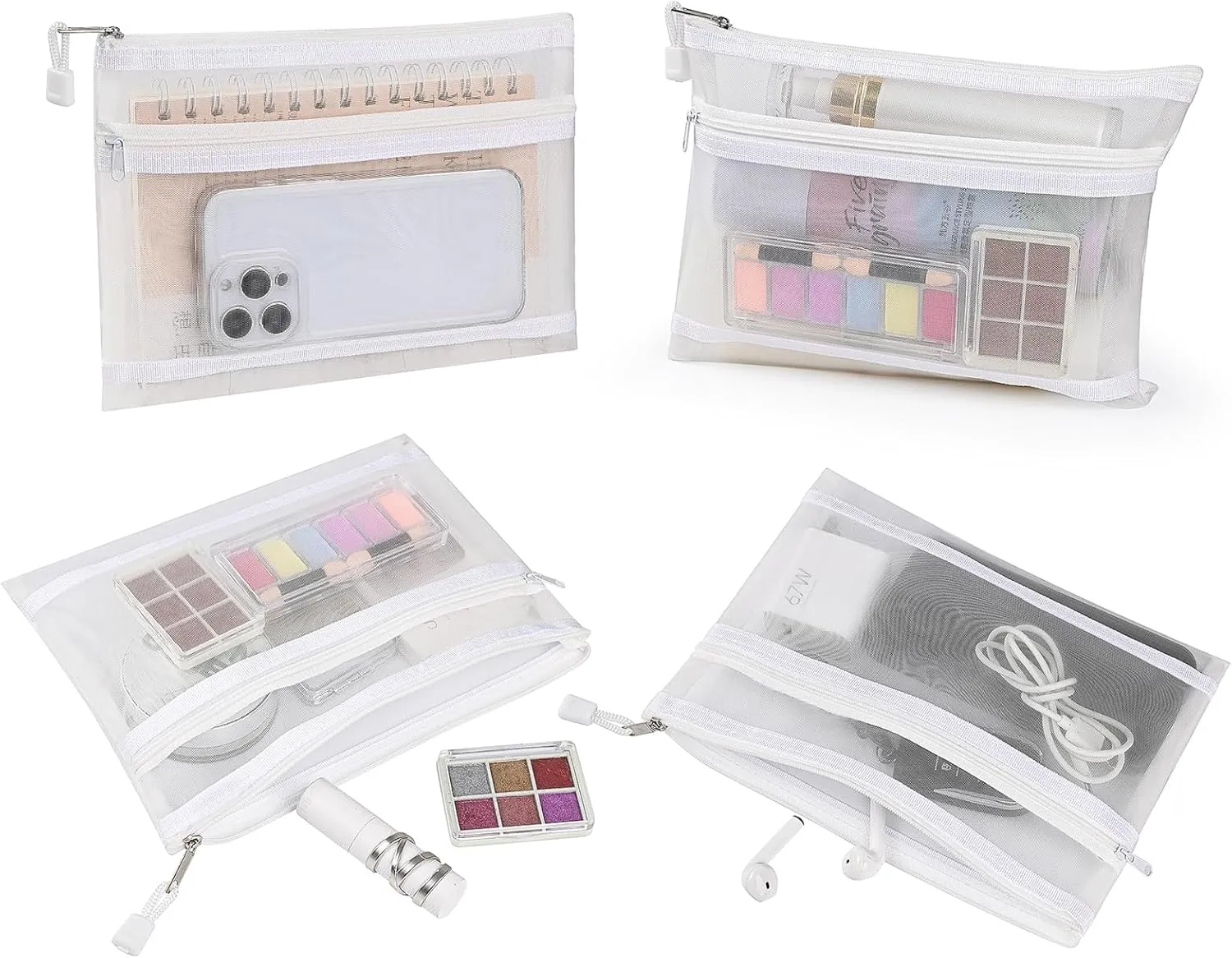20 PCS Mesh Makeup Bag Double-Layer Mesh Zipper Pouch Bags Clear Cosmetic Bag Nylon Travel Organizer Bags Toiletry Storage Bag Pencil Pouch with Zipper (White, Double-Layers A5)