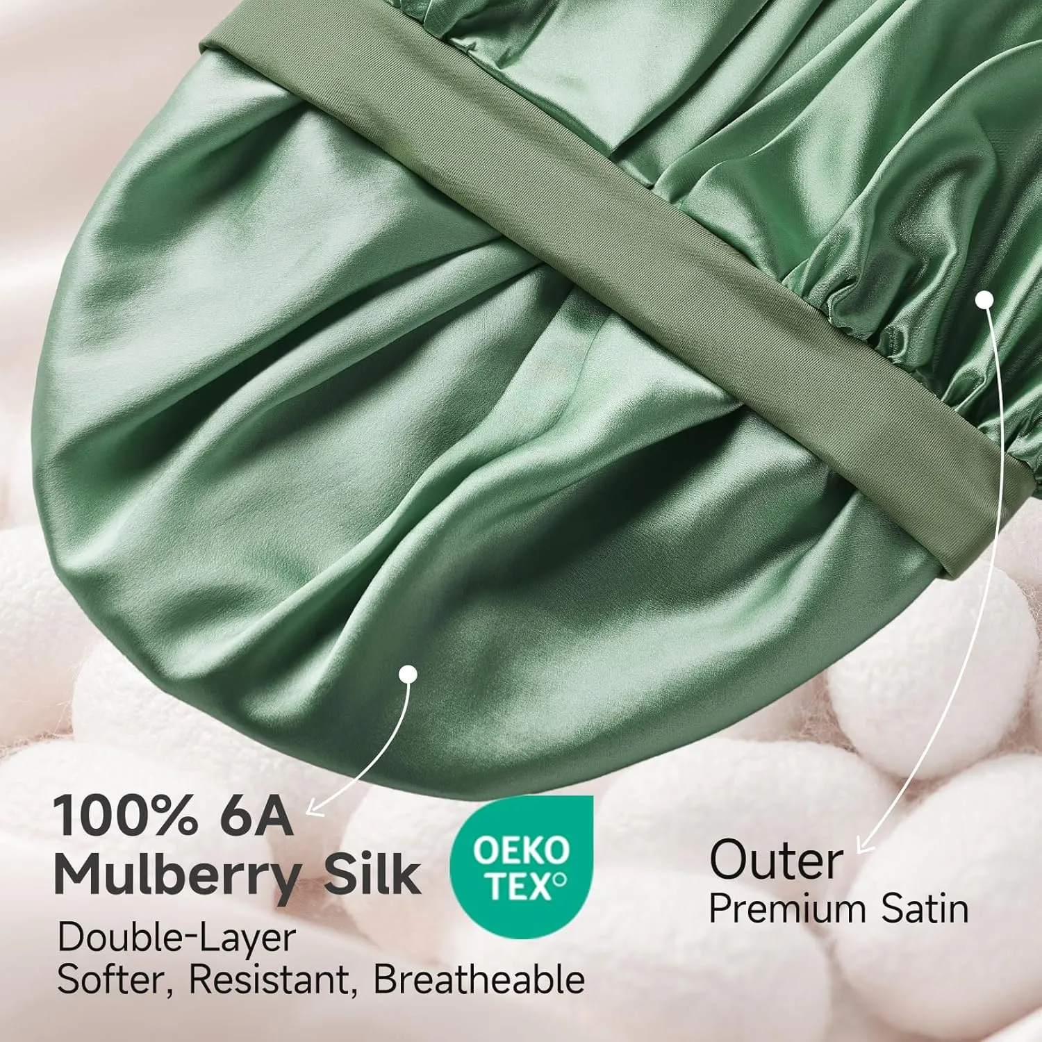 22 Momme 100% Real Mulberry Silk Bonnet for Sleeping Women, Large Hair Care Bonnet for Long Curly Hair, Double Layer Silk Wrap with Soft Elastic Band, Non-Slip Sleep Cap, Green
