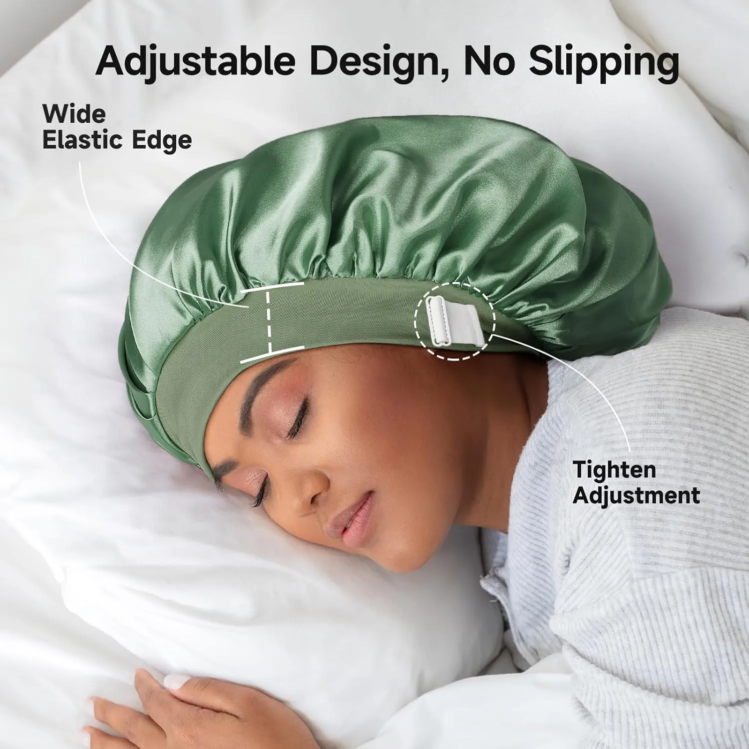 22 Momme 100% Real Mulberry Silk Bonnet for Sleeping Women, Large Hair Care Bonnet for Long Curly Hair, Double Layer Silk Wrap with Soft Elastic Band, Non-Slip Sleep Cap, Green