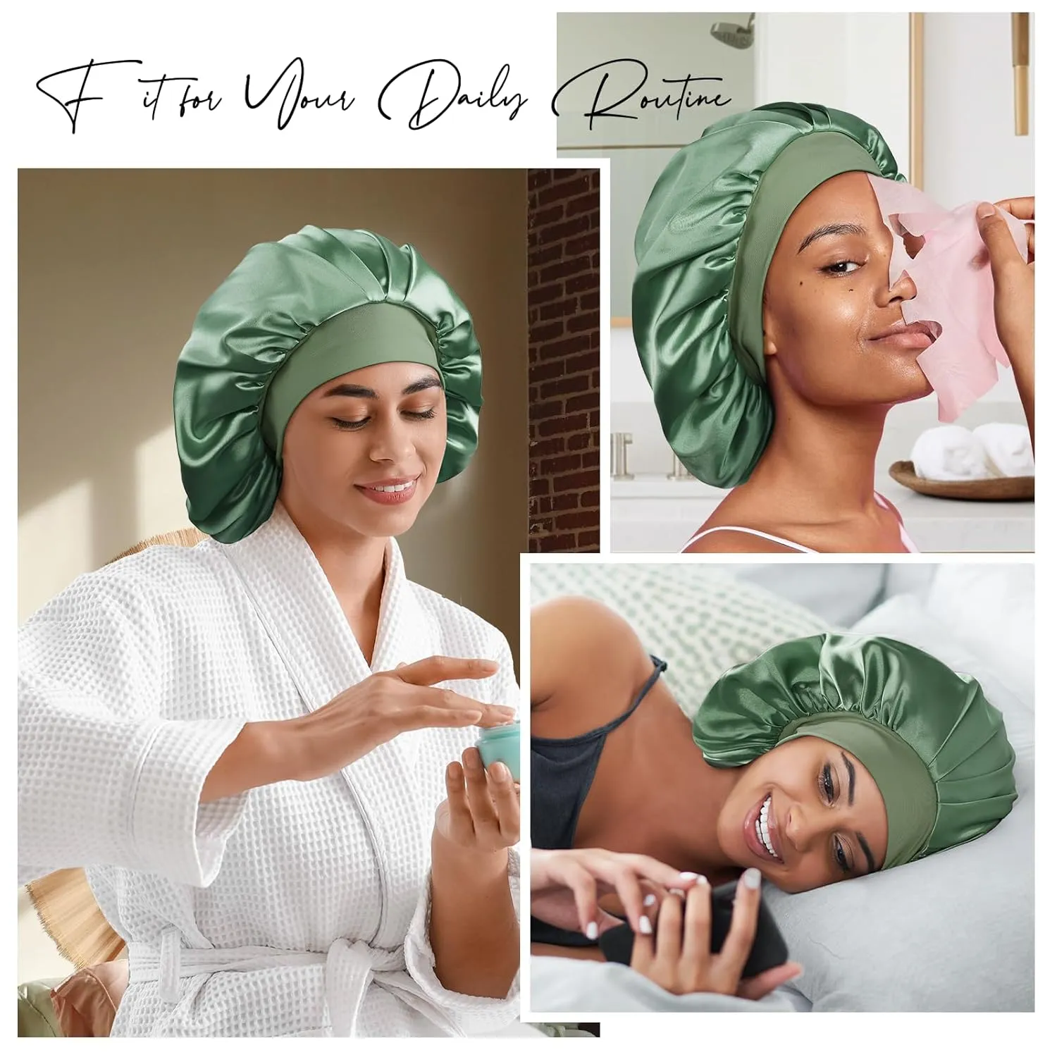 22 Momme 100% Real Mulberry Silk Bonnet for Sleeping Women, Large Hair Care Bonnet for Long Curly Hair, Double Layer Silk Wrap with Soft Elastic Band, Non-Slip Sleep Cap, Green