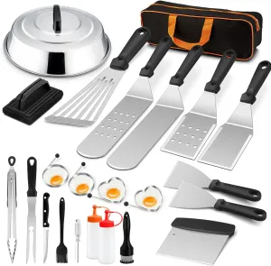 23Pcs Griddle Accessories Kit, Joyfair Flat Top Grill Spatulas Set with Melting Dome, for Outdoor Camping BBQ, Stainless Steel Grilling Tools, Including Turners Scraper Carrying Bag, Dishwasher Safe