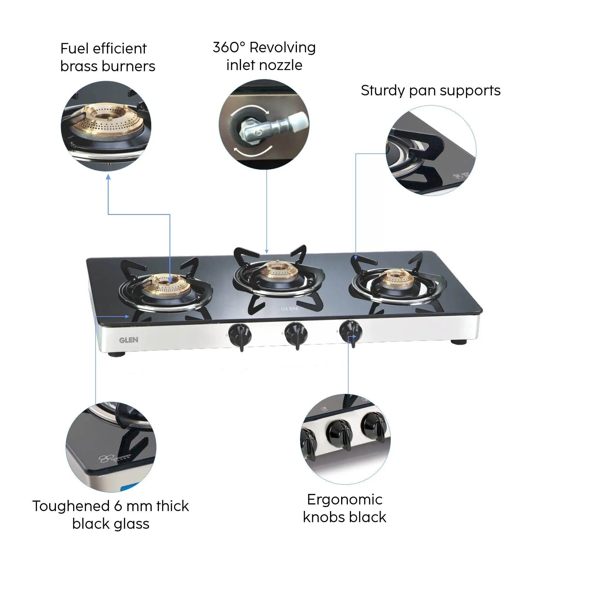 3 Burner LPG Glass Gas Stove with Brass Burner - 1031 GT BB
