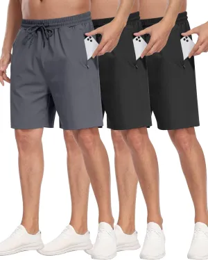 3 Pack Men's Athletic Running Shorts with Zipper Pockets,Gym Workout Basketball Hiking Shorts for Men
