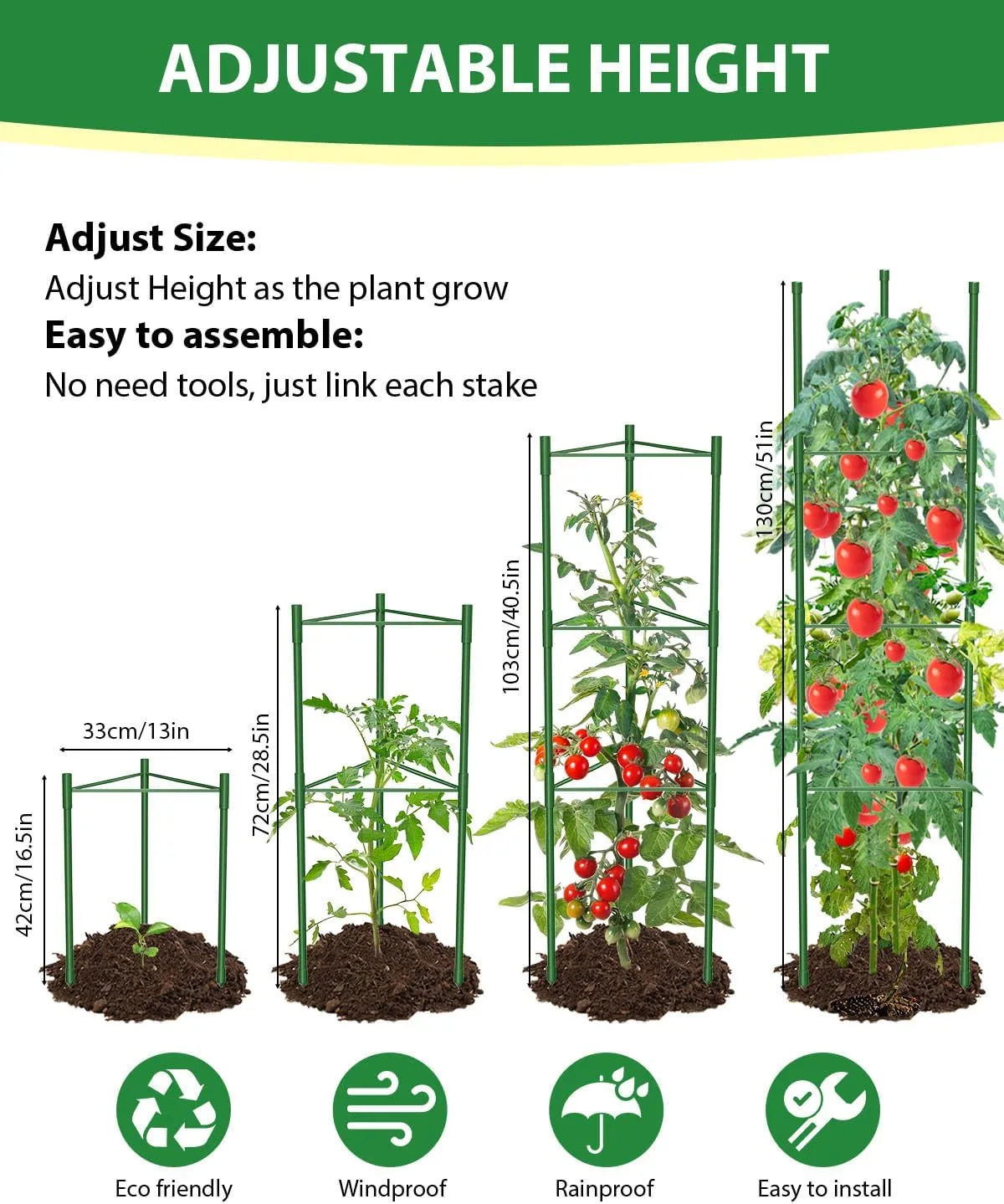 3 Pack Tomato Cages for Garden, 51 Inches Adjustable Tomatoes Plant Stakes Support Cages Trellis, Garden Trellis for Vegetable Flowers Fruits Climbing Plants- 20 Binding Wires Included
