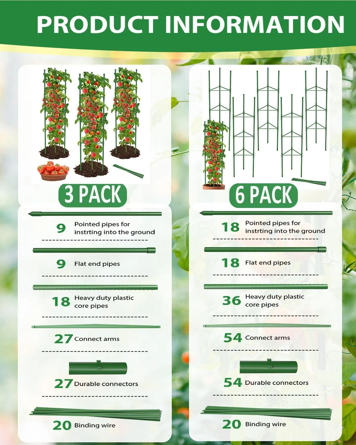 3 Pack Tomato Cages for Garden, 51 Inches Adjustable Tomatoes Plant Stakes Support Cages Trellis, Garden Trellis for Vegetable Flowers Fruits Climbing Plants- 20 Binding Wires Included