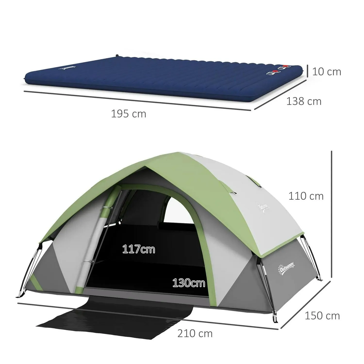 3000mm Mattress, Global availability Carry And Sewn-in Dome 2-3 Person Industrial-grade Hiking Bed Fishing Groundsheet, Camping Portable Waterproof With Bag Tent Air Hook, Inflatable Outsunny For