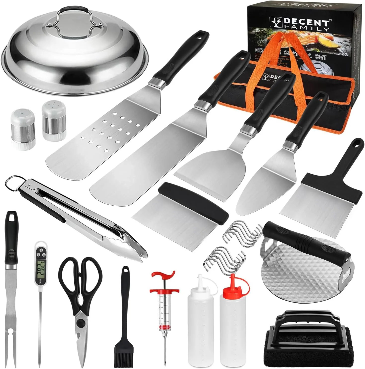 30pcs Griddle Accessories Kit for Blackstone Professional Flat Top Grill Tools, BBQ Spatula Gift Set with Basting Cover, Burger Press, Meat Injector, Thermometer, Tongs for Camping Backyard Teppanyaki