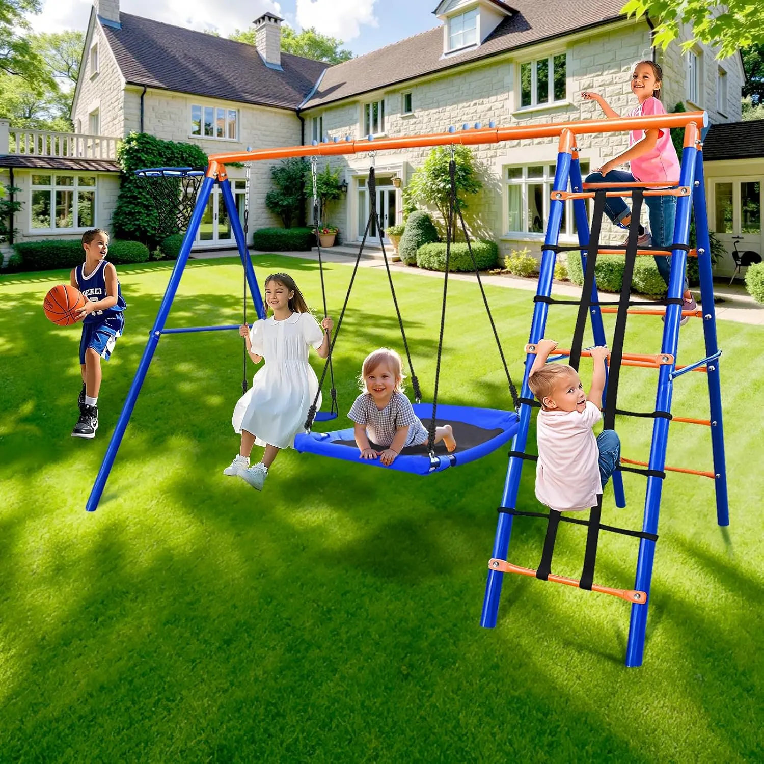 5-in-1 Heavy-Duty Metal Swing Set for Backyard - 500lb Capacity Outdoor Playset with Basketball Hoop & Climbing Rope