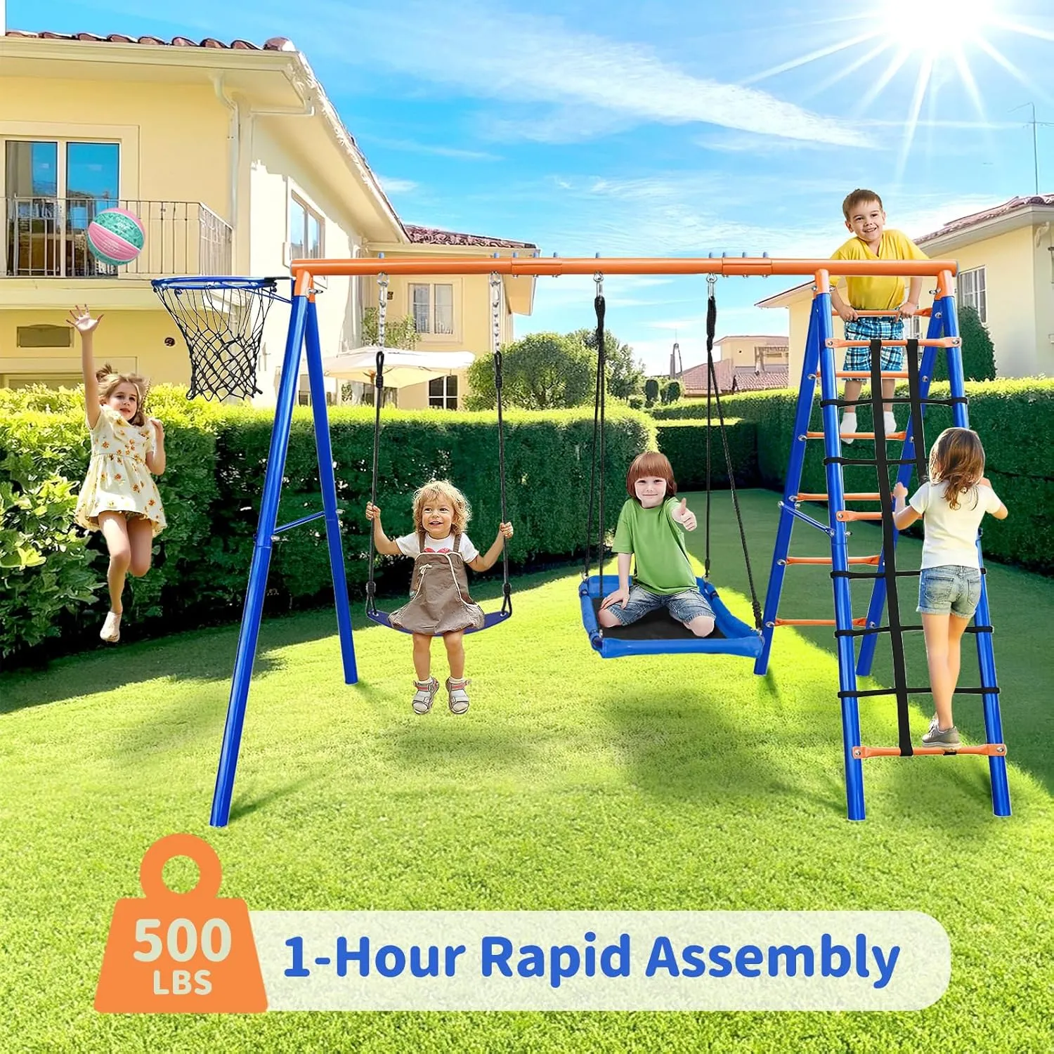 5-in-1 Heavy-Duty Metal Swing Set for Backyard - 500lb Capacity Outdoor Playset with Basketball Hoop & Climbing Rope
