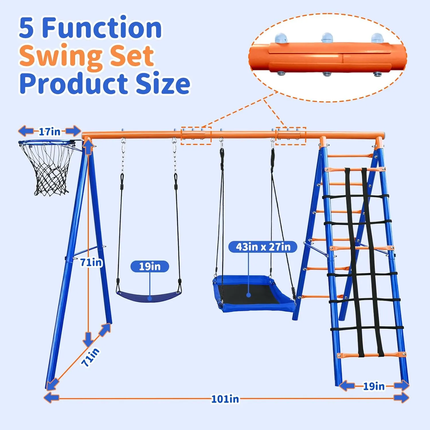 5-in-1 Heavy-Duty Metal Swing Set for Backyard - 500lb Capacity Outdoor Playset with Basketball Hoop & Climbing Rope