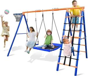 5-in-1 Heavy-Duty Metal Swing Set for Backyard - 500lb Capacity Outdoor Playset with Basketball Hoop & Climbing Rope