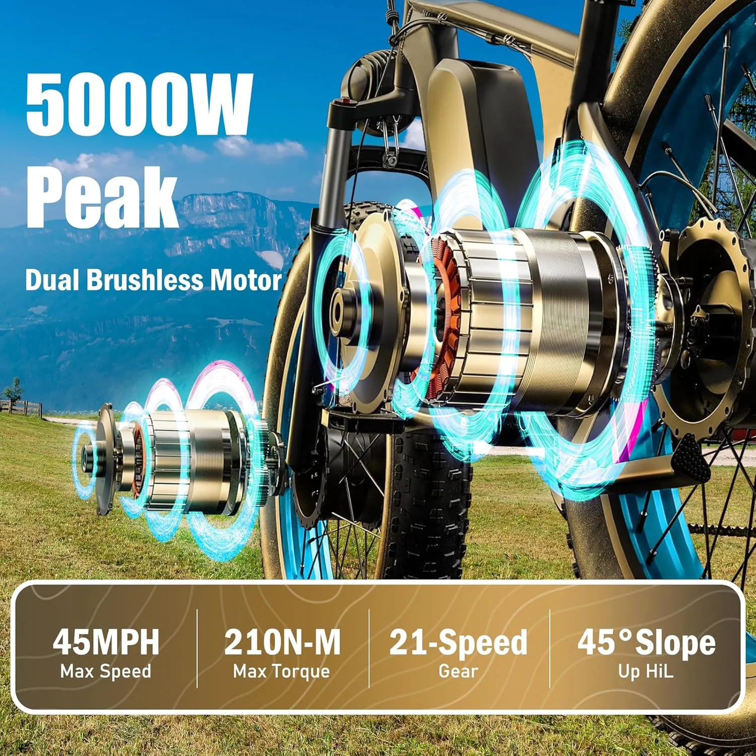 5000W Dual Motor Electric Fat Tire Bike for Adults, 60V 25AH Lithium Battery, 45MPH AWD 21-Speed E-Bike, 24"x4.0" Off-Road Mountain Snow Sand Bicycle, UL Certified, Long Range, Heavy