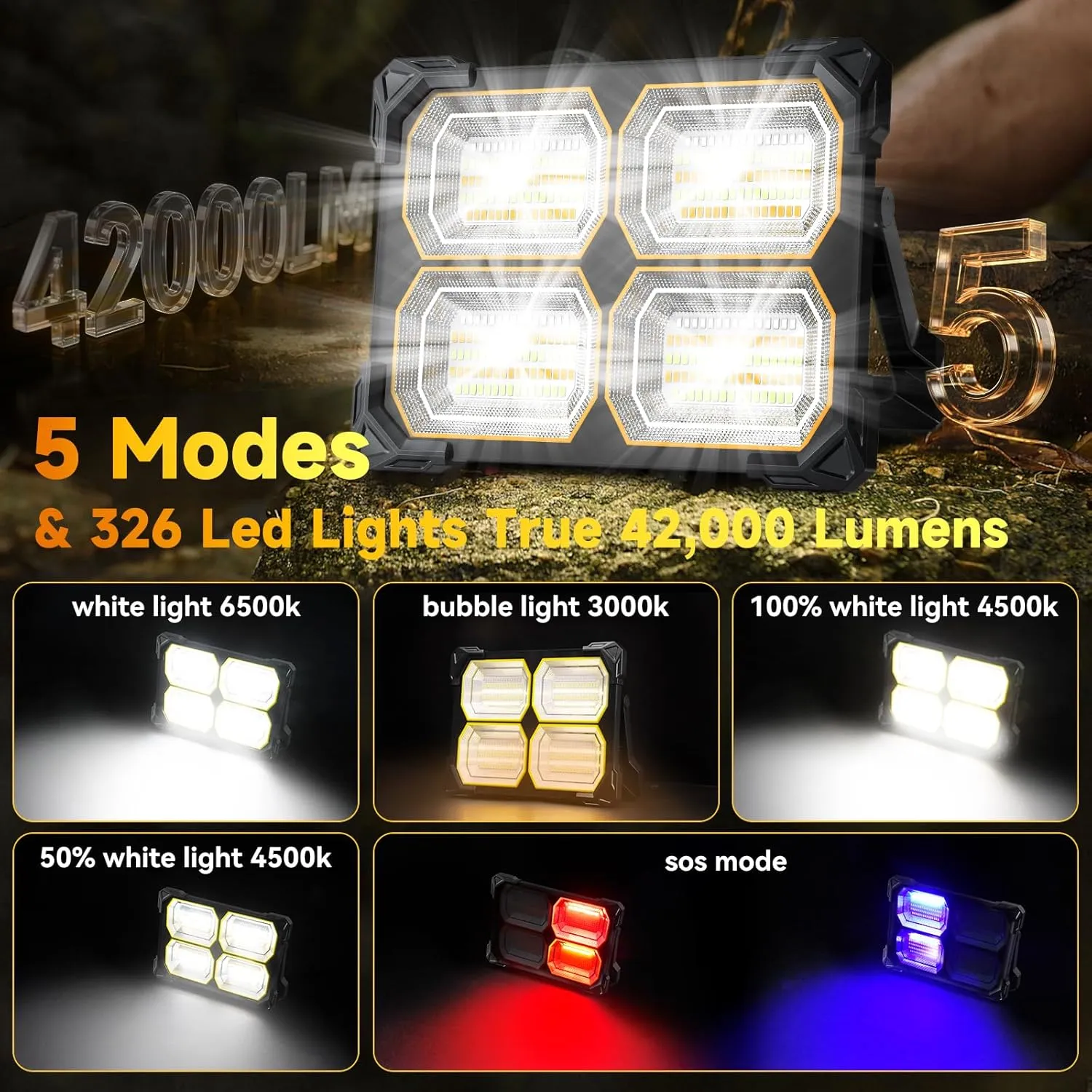 500W Rechargeable Work Light,42000MAh Magnetic Work Light, 42000LM Portable 326 Led Solar Floodlights with Stand 5 Lights Modes IP66 Waterproof for Outdoor Camping Car Repairing