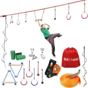 50FT Jungle Gym Ninja Warrior Training Equipment Hanging Monkey Bar, Adjust Kids Adults Obstacles Course Backyard Playground Trapeze Playset- Climb Rope Ladder, Wood Swing Bar, Ninja Ring, Monkey Fist