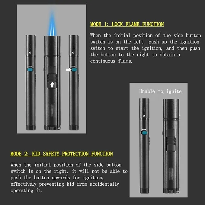 5.7in Butane Torch Lighter with Flame Locking & Safety Switch Function, Adjustable Double Jet Flame Long Stick Lighter, Refillable Windproof Pen Lighter. Black(Sold Without Gas)