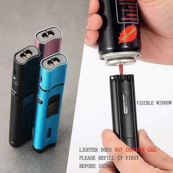 5.7in Butane Torch Lighter with Flame Locking & Safety Switch Function, Adjustable Double Jet Flame Long Stick Lighter, Refillable Windproof Pen Lighter. Black(Sold Without Gas)