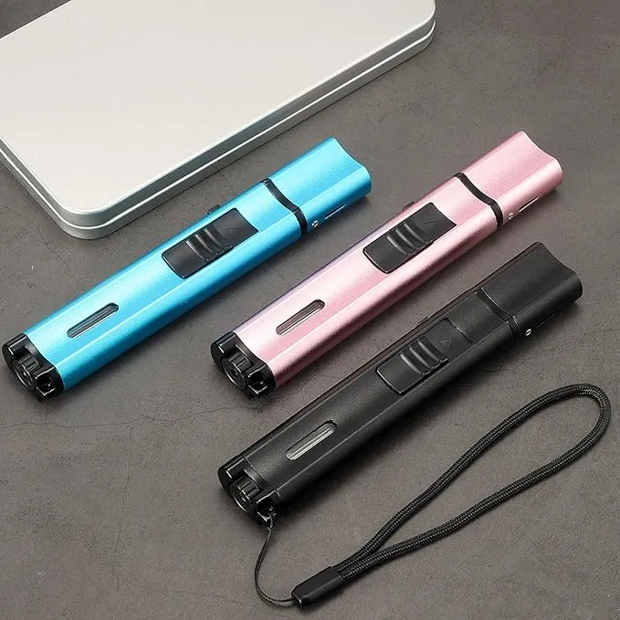5.7in Butane Torch Lighter with Flame Locking & Safety Switch Function, Adjustable Double Jet Flame Long Stick Lighter, Refillable Windproof Pen Lighter. Black(Sold Without Gas)