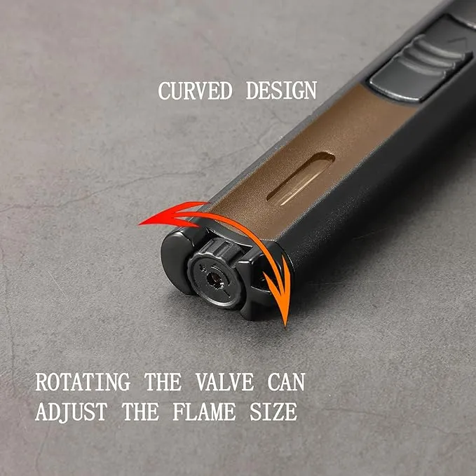 5.7in Butane Torch Lighter with Flame Locking & Safety Switch Function, Adjustable Double Jet Flame Long Stick Lighter, Refillable Windproof Pen Lighter. Black(Sold Without Gas)