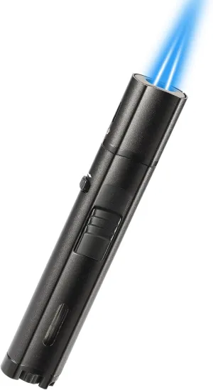 5.7in Butane Torch Lighter with Flame Locking & Safety Switch Function, Adjustable Double Jet Flame Long Stick Lighter, Refillable Windproof Pen Lighter. Black(Sold Without Gas)