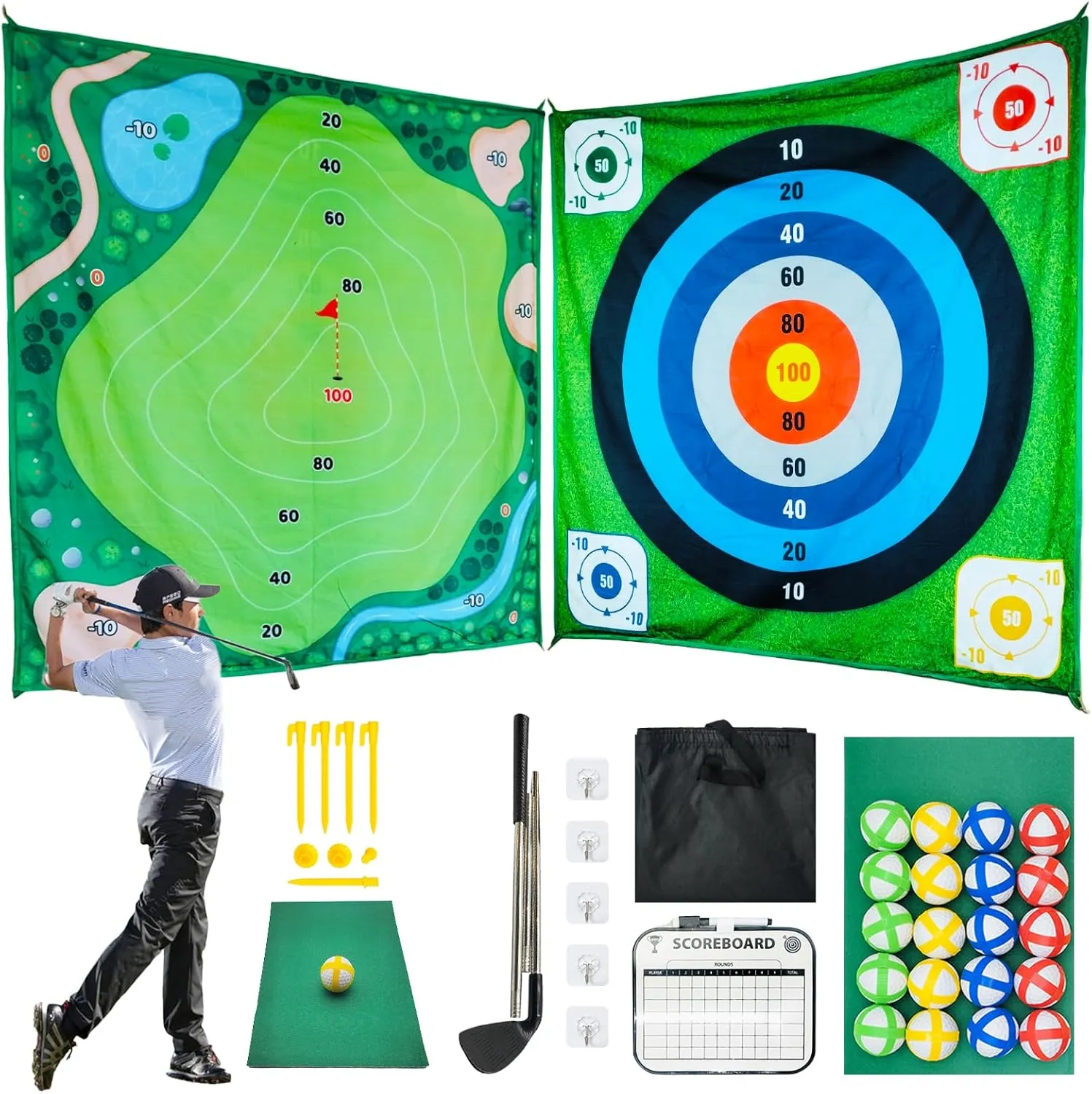 59"x59" Double-Sided Sticky Golf Pro Game Mat with 20 Balls for Backyard Indoor Outdoor Family