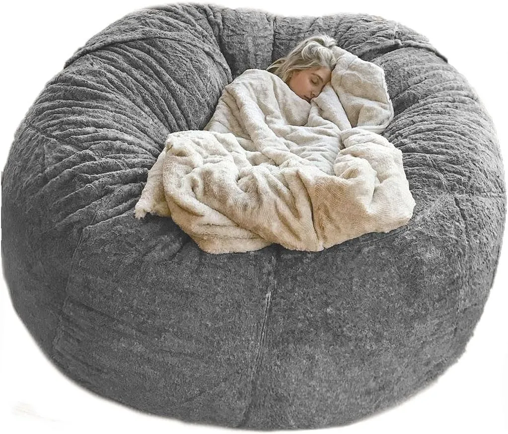 5FT Giant Fur Bean Bag Chair Cover, Ultra Soft Bean Bag Bed for Adults (No Filler, Cover only), Big Round Soft Fluffy Faux Fur Bean Bag Lazy Sofa Bed Cover, Machine Washable Big Size Bean Bag Cover