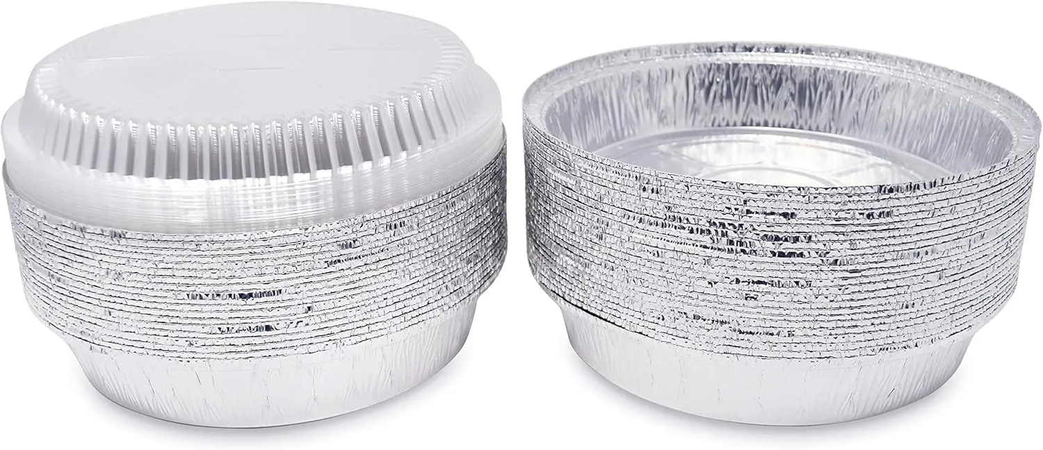 (60 Pack) Premium 7-Inch Round Foil Pans with Plastic Dome Lids l Heavy Duty l Disposable Aluminum Tin for Roasting, Baking, or Cooking