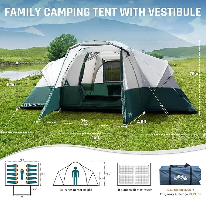 6/8/10/11 Person Camping Tent with Porch, Family Tents for Camping, Big Dome Tunnel Tent includes Rainfly, Easy Setup Large Tents for Outdoor Camping, Reflective Windproof Rope, Large Vestibule