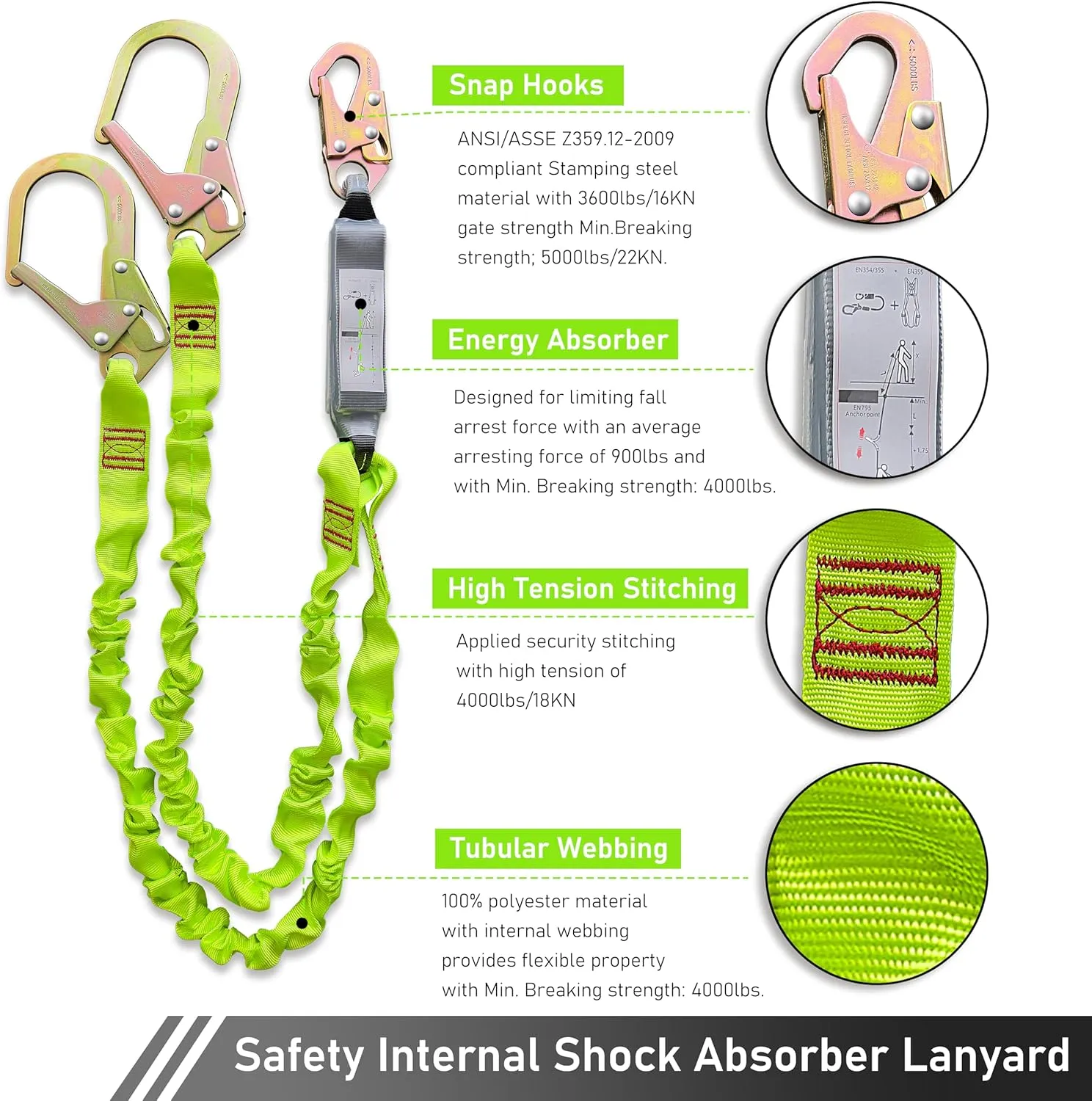 6FT Double Leg Internal Shock Absorbing Safety Fall Protection Lanyard with Dual Rebar & Snap Hook |Heavy-Duty Webbing | Roofer, Construction, Scaffolding | OSHA & ANSI Rated (A-Shock Absorbing)
