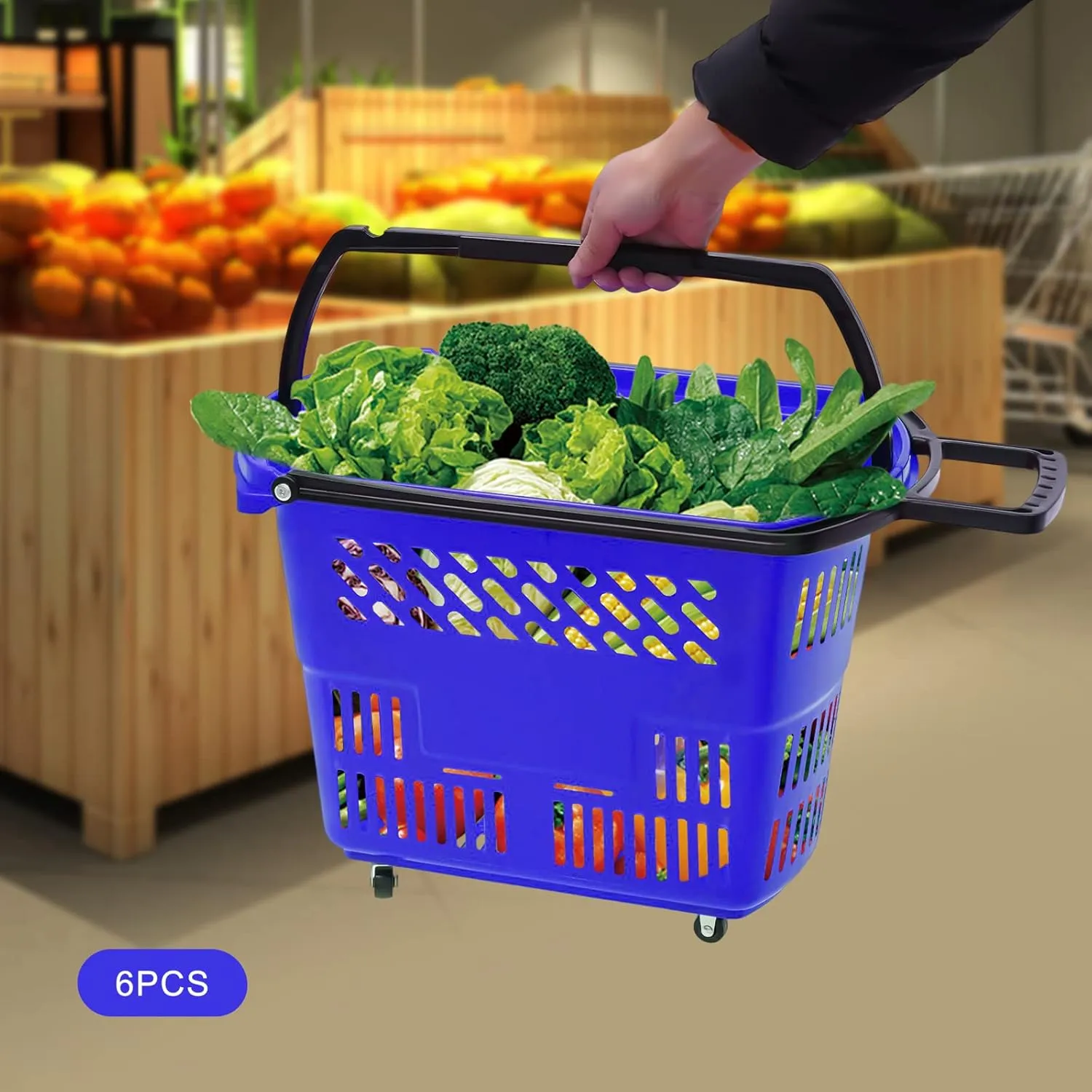6Pcs Shopping Cart, Modern 35L/9.2Gal Shopping Cart with Wheels and Handle, Freestanding PP Shopping Basket Portable Grocery Cart for Supermarkets Retail Stores Load 50kg/110lbs (Blue)