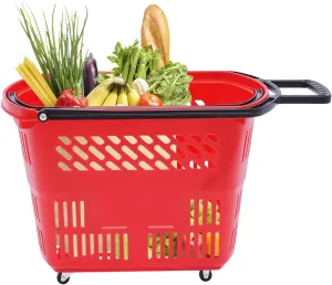 6Pcs Shopping Cart, Modern 35L/9.2Gal Shopping Cart with Wheels and Handle, Freestanding PP Shopping Basket Portable Grocery Cart for Supermarkets Retail Stores Load 50kg/110lbs (Red)