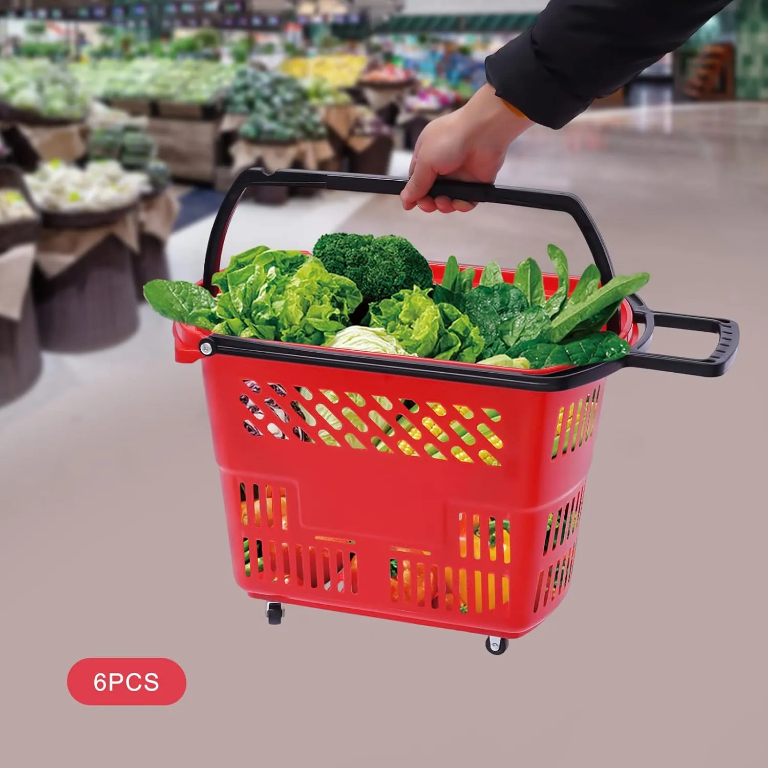 6Pcs Shopping Cart, Modern 35L/9.2Gal Shopping Cart with Wheels and Handle, Freestanding PP Shopping Basket Portable Grocery Cart for Supermarkets Retail Stores Load 50kg/110lbs (Red)