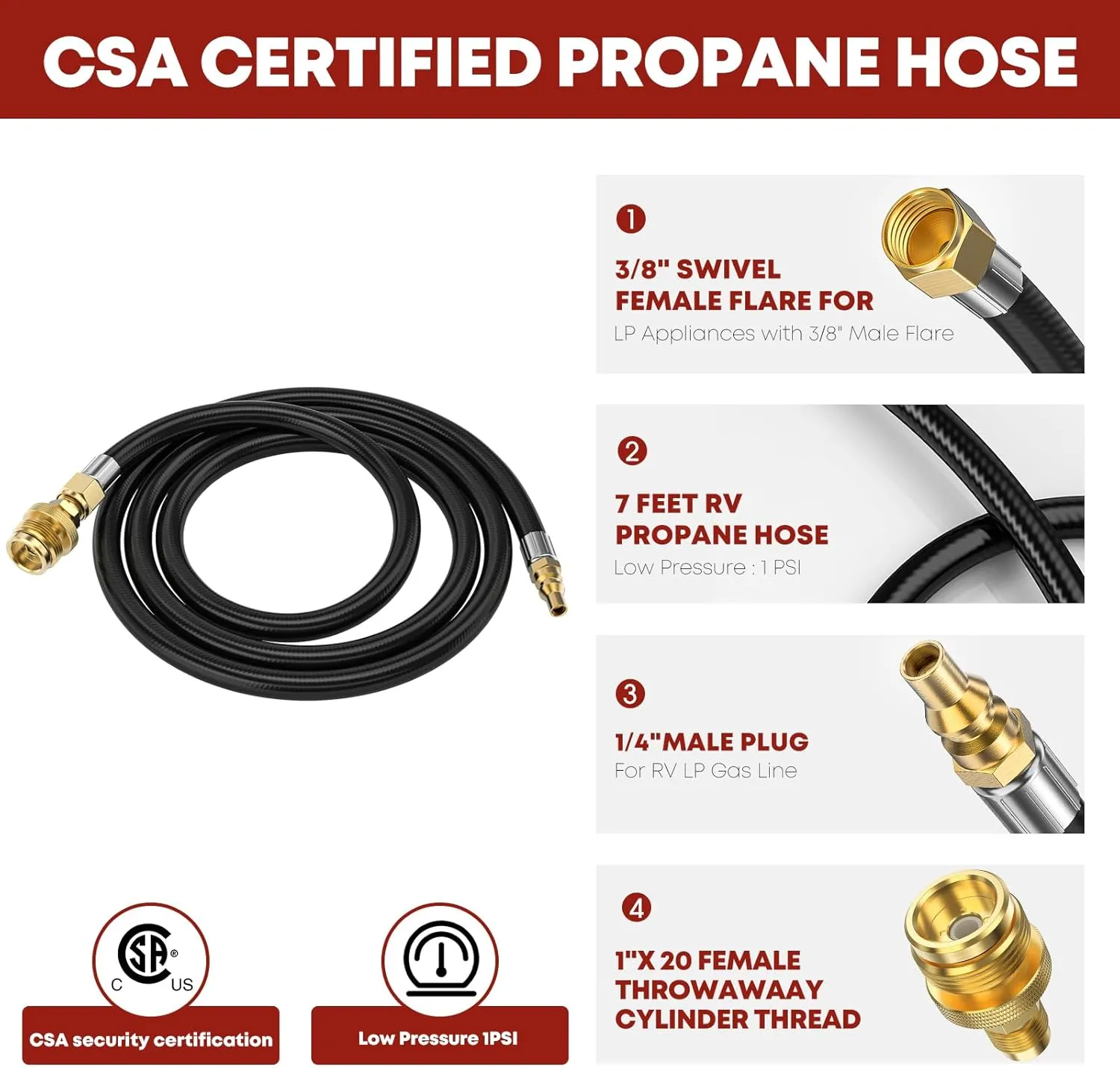 7 FT Propane Quick Connect Hose for RV to Gas Grill, Propane Quick Connect Fittings for 1 LB Throwaway Bottle Connects 1 LB Portable Appliance to RV 1/4" Female Quick Disconnect