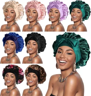 8 Pcs Large Satin Bonnets Bulk for Sleeping Wide Band Silk Bonnets for Women Silky Hair Accessory for Black Women Braid Curly Hair