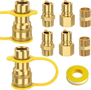 9 Pcs 1/2" QDD LP Natural Gas Quick Connect Fittings Kit, Natural and Propane Gas Hose Quick Connect Disconnect Plug Set, 100% Solid Brass