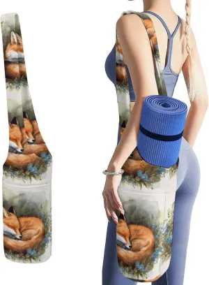 A Sleeping Fox Printed Yoga Mat Bag Long Tote with Pockets for Your Yoga Accessories Exercise Yoga Mat Carrier Holder Multi-Functional Storage Bag Holds Most Pilates Mats