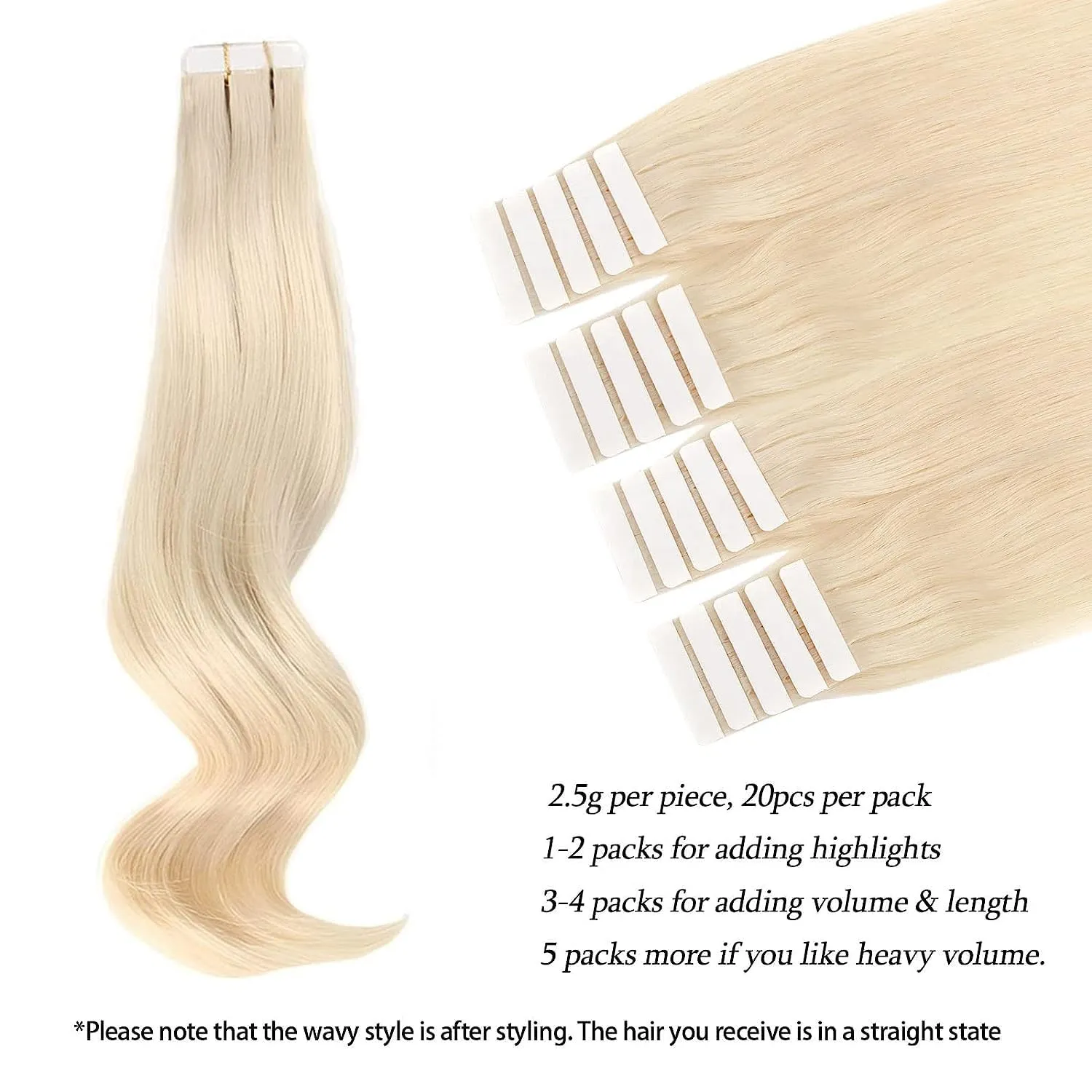 ABH AmazingBeauty Hair Semi-permanent Real Remi Remy Human Tape in Straight Hair 50g 20pcs Skin Weft Tape Attached Invisible Seamless Reusable Platinum Ash Blonde Color 60 22 Inch