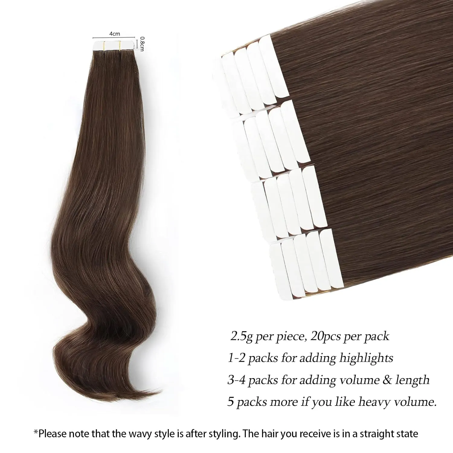 ABH AmazingBeauty Hair Semi-permanent Tape Attached Real Remi Remy Human Hair Extensions Tape in 50g 20pcs Invisible Seamless Reusable Skin Weft Dark Brown Color 2 20 Inch