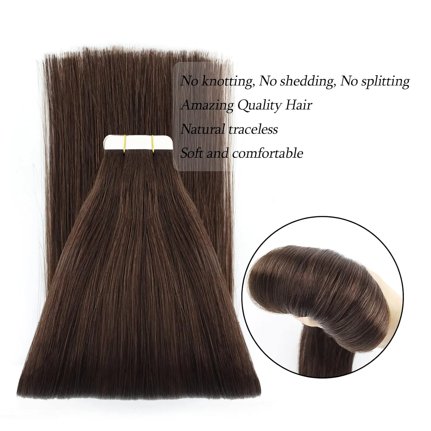 ABH AmazingBeauty Hair Semi-permanent Tape Attached Real Remi Remy Human Hair Extensions Tape in 50g 20pcs Invisible Seamless Reusable Skin Weft Dark Brown Color 2 20 Inch