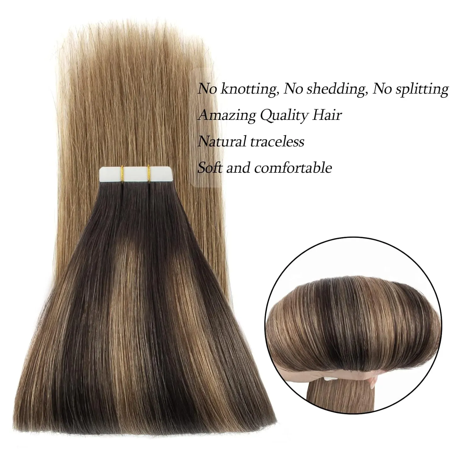 ABH AmazingBeauty Hair Sun-kissed Hair Balayage Extensions Tape-ins, Invisible, Double Sided Real Remy Human Hair Skin Weft, 50g 20pcs, Dark Brown with Chestnut Brown B2-6, 22 Inch
