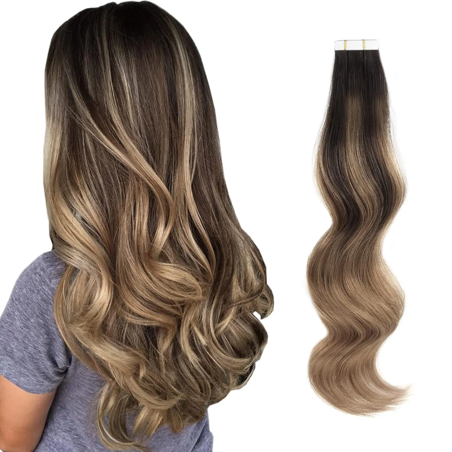 ABH AmazingBeauty Hair Sun-kissed Hair Balayage Extensions Tape-ins, Invisible, Double Sided Real Remy Human Hair Skin Weft, 50g 20pcs, Dark Brown with Chestnut Brown B2-6, 22 Inch